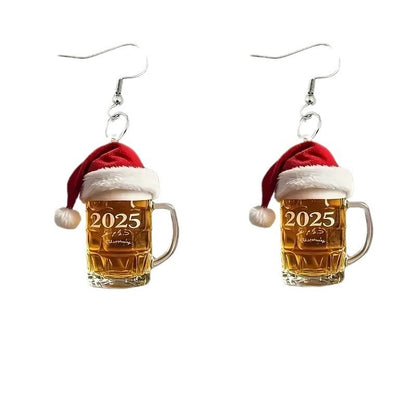 New 2D Fashion Acrylic Red Chirstmas Hat Number 2025 Beer Glass Cup Dangle Earrings Jewelry Women For Festival Party