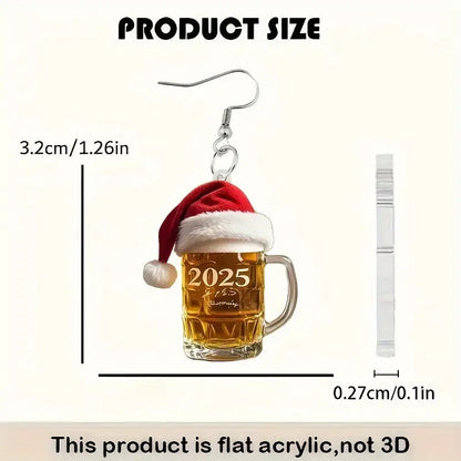 New 2D Fashion Acrylic Red Chirstmas Hat Number 2025 Beer Glass Cup Dangle Earrings Jewelry Women For Festival Party