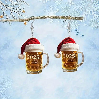 New 2D Fashion Acrylic Red Chirstmas Hat Number 2025 Beer Glass Cup Dangle Earrings Jewelry Women For Festival Party