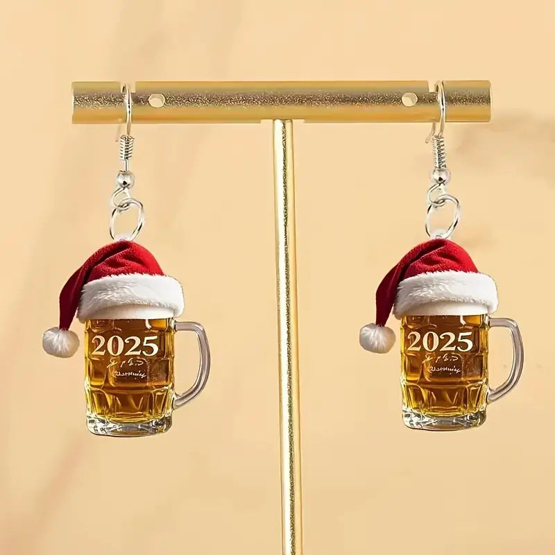 New 2D Fashion Acrylic Red Chirstmas Hat Number 2025 Beer Glass Cup Dangle Earrings Jewelry Women For Festival Party