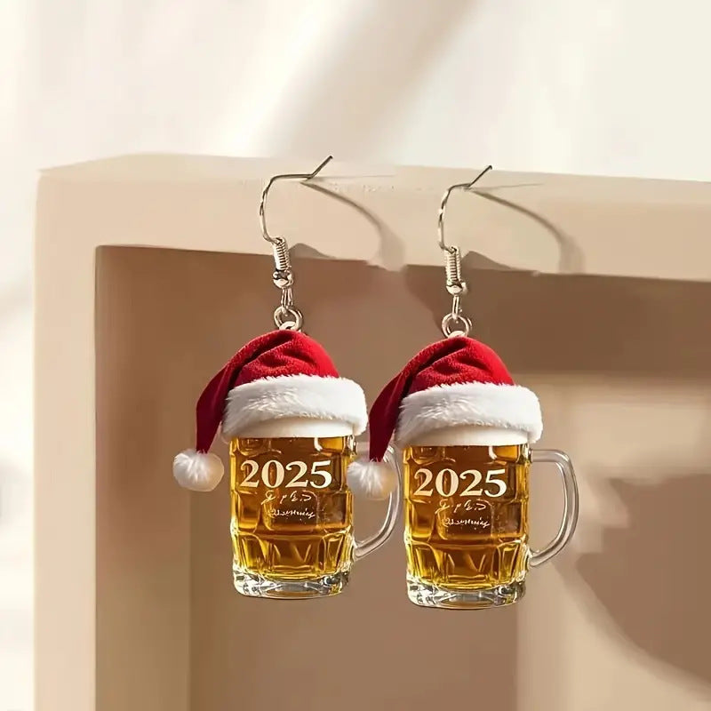 New 2D Fashion Acrylic Red Chirstmas Hat Number 2025 Beer Glass Cup Dangle Earrings Jewelry Women For Festival Party