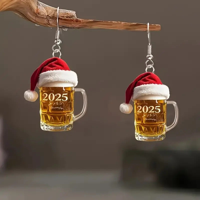 New 2D Fashion Acrylic Red Chirstmas Hat Number 2025 Beer Glass Cup Dangle Earrings Jewelry Women For Festival Party